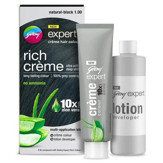 Godrej NEW expert - rich creme - with aloe vera - creme hair colour - natural black 1 - creme colour 50g - lotion developer 50ml