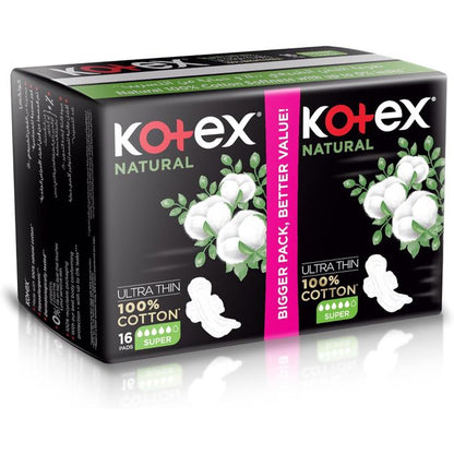 Kotex Natural Ultra Thin Pads, 100% Cotton Pad, Super Size Sanitary Pads with Wings, 16 Pads