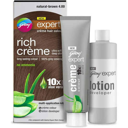 Godrej NEW expert - rich creme - with aloe vera - creme hair colour - natural brown 4 - creme colour 50g - lotion developer 50ml