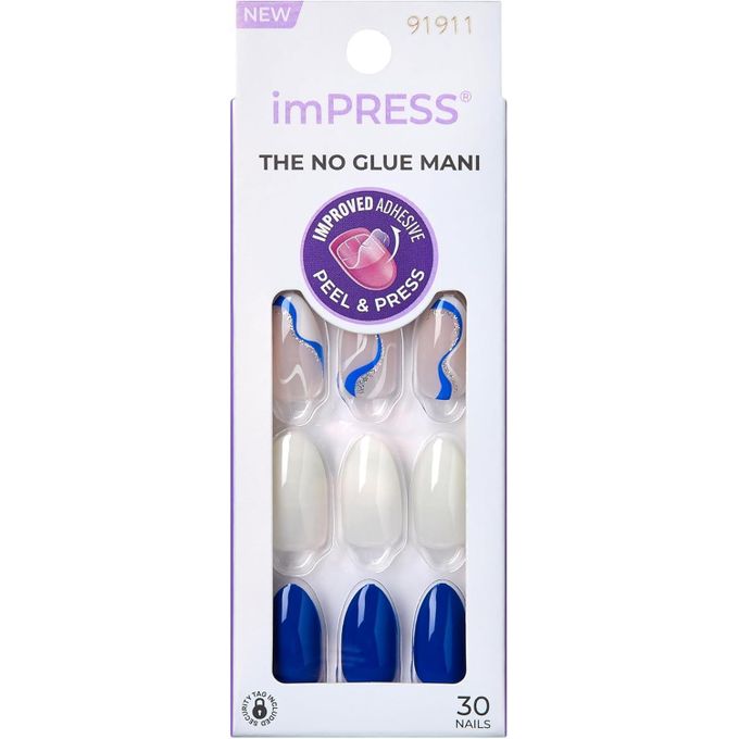 Kiss imPRESS The No Glue Mani Press-On Nails – Blue & White Nail Art (30 Nails) FREE SOUL IMM46C
