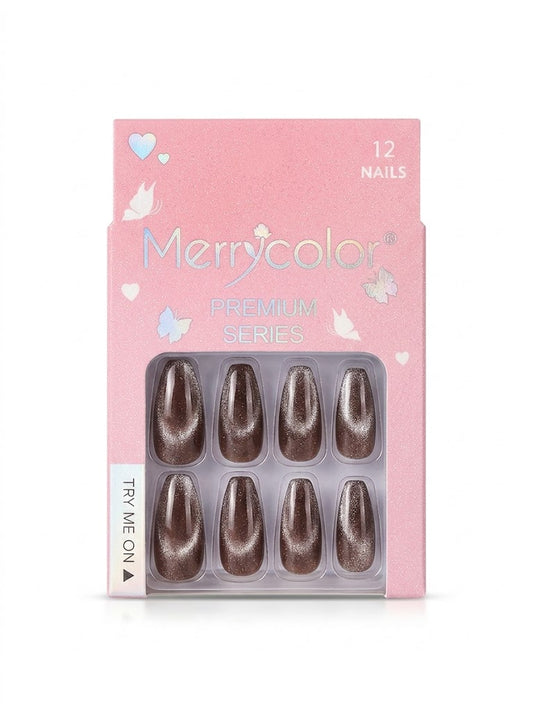 Merrycolor Premium Cat Eye Press-On Nails – 12 Pcs Shimmering Fake Nails Set with Adhesive Tabs - shade 1 brown