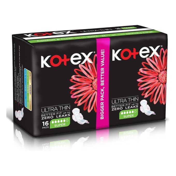 Kotex Ultra Thin Pads BETTER FIT ZERO LEAKS Pad, Super Size Sanitary Pads with Wings, 16 Pads