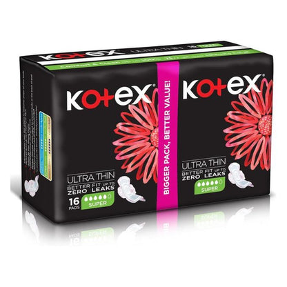 Kotex Ultra Thin Pads BETTER FIT ZERO LEAKS Pad, Super Size Sanitary Pads with Wings, 16 Pads
