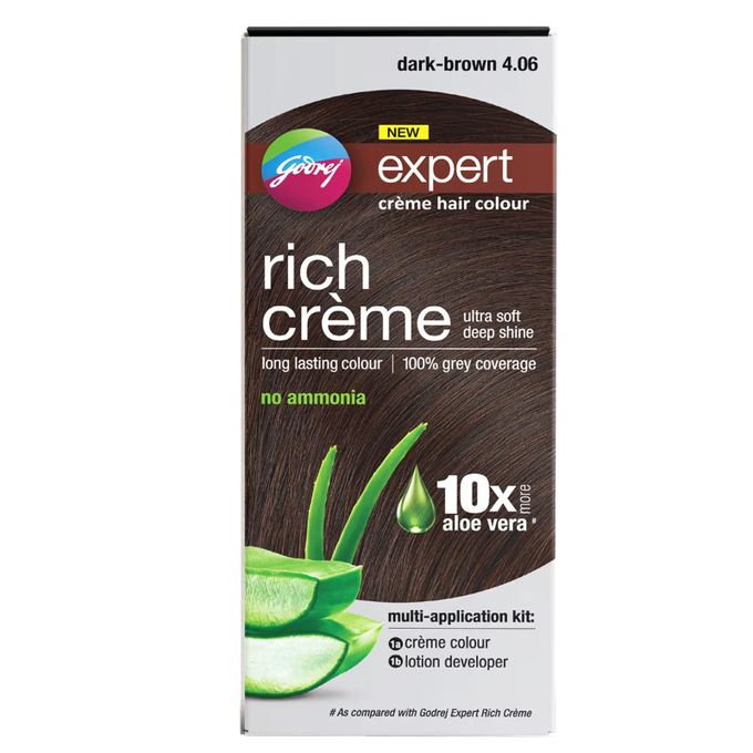 Godrej NEW expert - rich creme - with aloe vera - creme hair colour - dark brown 4.06 - creme colour 50g - lotion developer 50ml