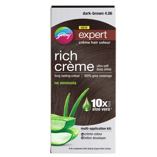 Godrej NEW expert - rich creme - with aloe vera - creme hair colour - dark brown 4.06 - creme colour 50g - lotion developer 50ml