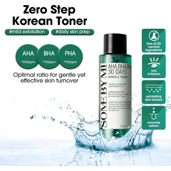 Some By Mi AHA BHA PHA 30 Days Miracle Toner – Mild Exfoliating Toner with Tea Tree & Niacinamide for Clearer, Smoother Skin - 150ml