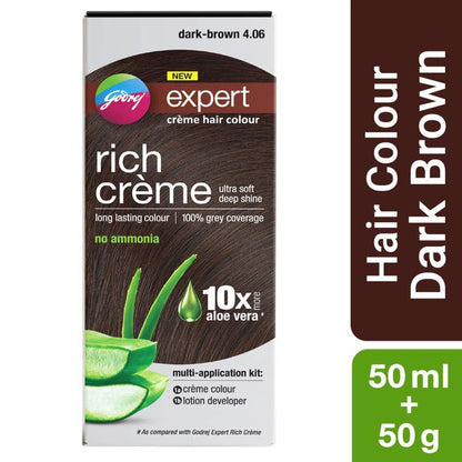 Godrej NEW expert - rich creme - with aloe vera - creme hair colour - dark brown 4.06 - creme colour 50g - lotion developer 50ml