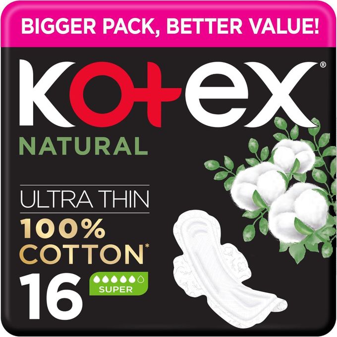 Kotex Natural Ultra Thin Pads, 100% Cotton Pad, Super Size Sanitary Pads with Wings, 16 Pads