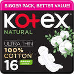 Kotex Natural Ultra Thin Pads, 100% Cotton Pad, Super Size Sanitary Pads with Wings, 16 Pads