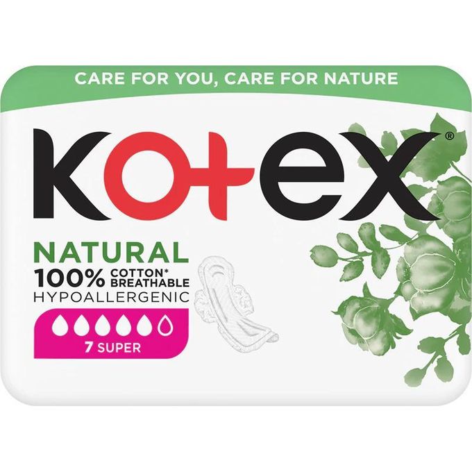 Kotex NATURAL 100% COTTON BREATHABLE HYPOALLERGENIC 7 SUPER - 7 Pads