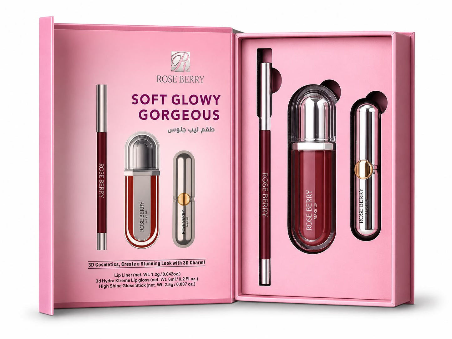 SOFT GLOWY GORGEOUS 3D MAKEUP KIT - Lip Liner - 1.2g , 3d Hydra Xtreme Lip gloss - 6ml and High Shine Gloss Stick - 2.5g - shade 01