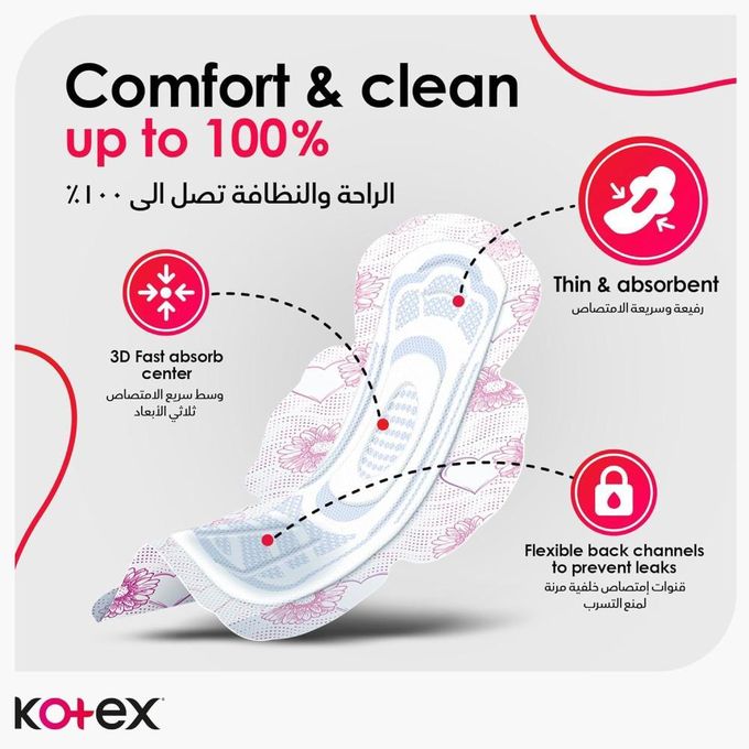 Kotex Ultra Thin Pads BETTER FIT ZERO LEAKS Pad, Super Size Sanitary Pads with Wings, 16 Pads