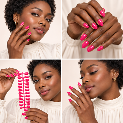 Deep Fuchsia Pink Glossy Almond Shape Press-On False Nails – Full Cover Artificial Nails Set (No Adhesive Included) - 72 Pcs