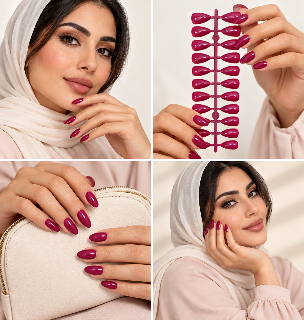 Plum Burgundy Glossy Almond Shape Press-On False Nails – Full Cover Artificial Nails Set - 72 Pcs (No Adhesive Included)