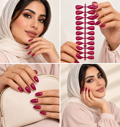 Plum Burgundy Glossy Almond Shape Press-On False Nails – Full Cover Artificial Nails Set - 72 Pcs (No Adhesive Included)