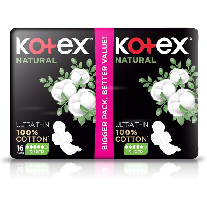 Kotex Natural Ultra Thin Pads, 100% Cotton Pad, Super Size Sanitary Pads with Wings, 16 Pads
