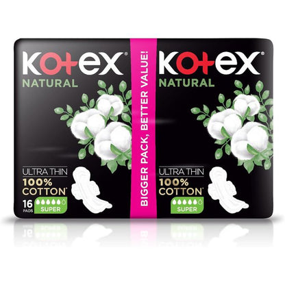 Kotex Natural Ultra Thin Pads, 100% Cotton Pad, Super Size Sanitary Pads with Wings, 16 Pads