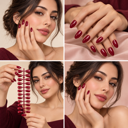 Dark Burgundy Glossy Almond Shape Press-On False Nails – Full Cover Artificial Nails Set (No Adhesive Included) - 72 Pcs