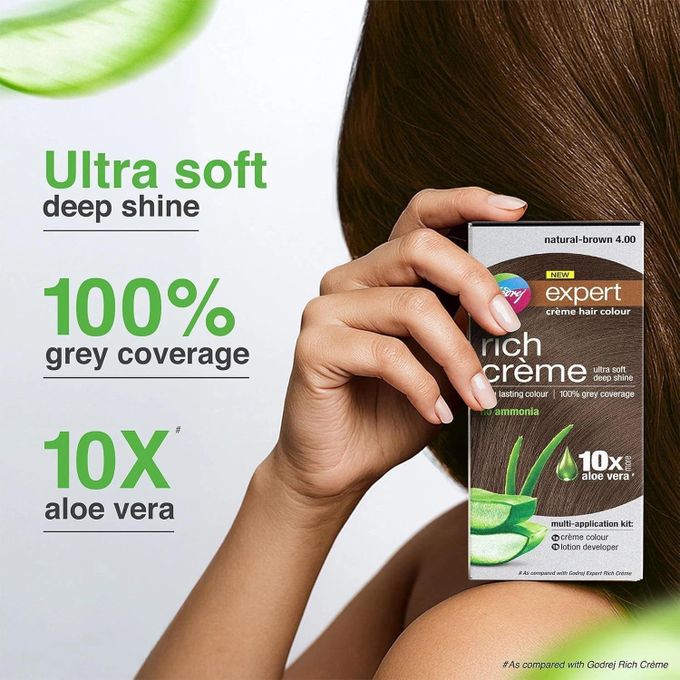 Godrej NEW expert - rich creme - with aloe vera - creme hair colour - natural brown 4 - creme colour 50g - lotion developer 50ml