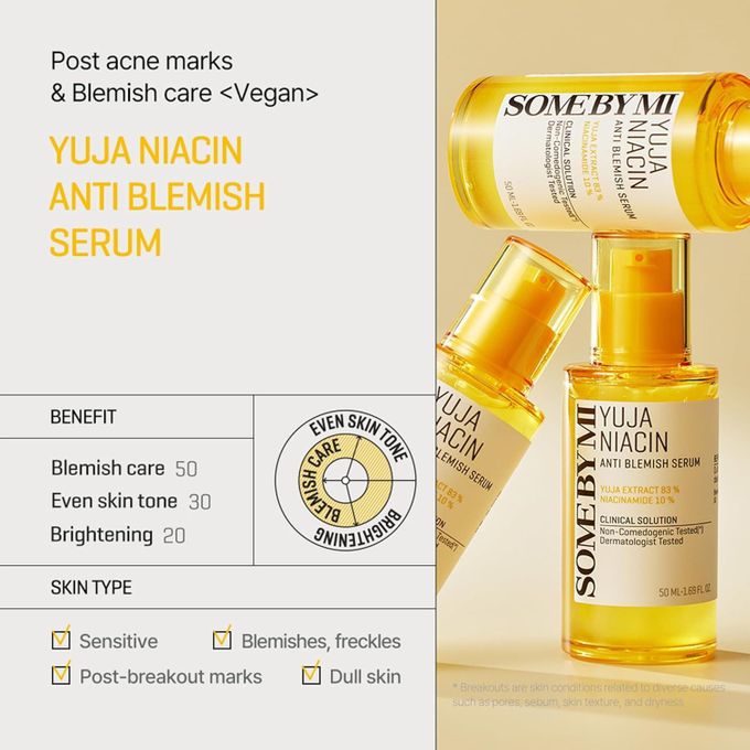 Some By Mi Yuja Niacin Anti Blemish Serum – 83% Yuja Extract + 10% Niacinamide for Post-Acne Marks & Brightening - 50ml