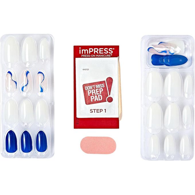 Kiss imPRESS The No Glue Mani Press-On Nails – Blue & White Nail Art (30 Nails) FREE SOUL IMM46C