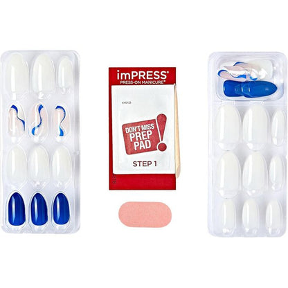 Kiss imPRESS The No Glue Mani Press-On Nails – Blue & White Nail Art (30 Nails) FREE SOUL IMM46C