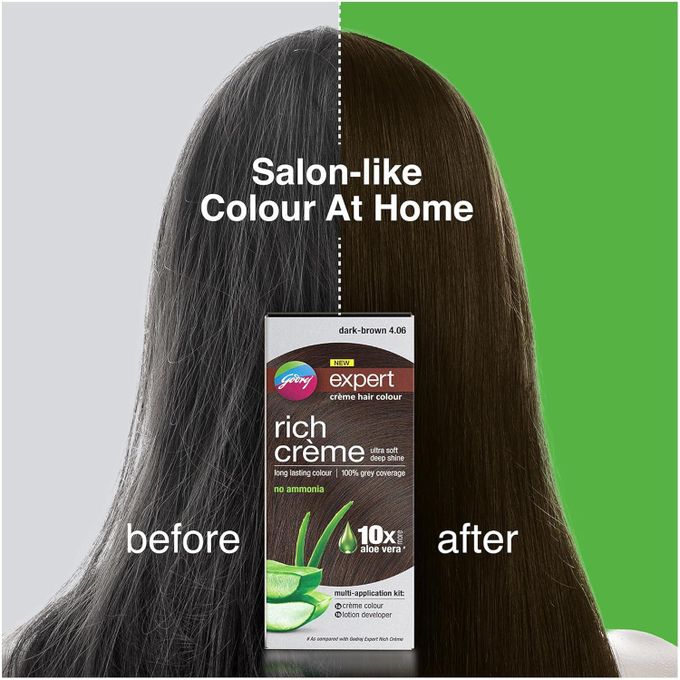 Godrej NEW expert - rich creme - with aloe vera - creme hair colour - dark brown 4.06 - creme colour 50g - lotion developer 50ml