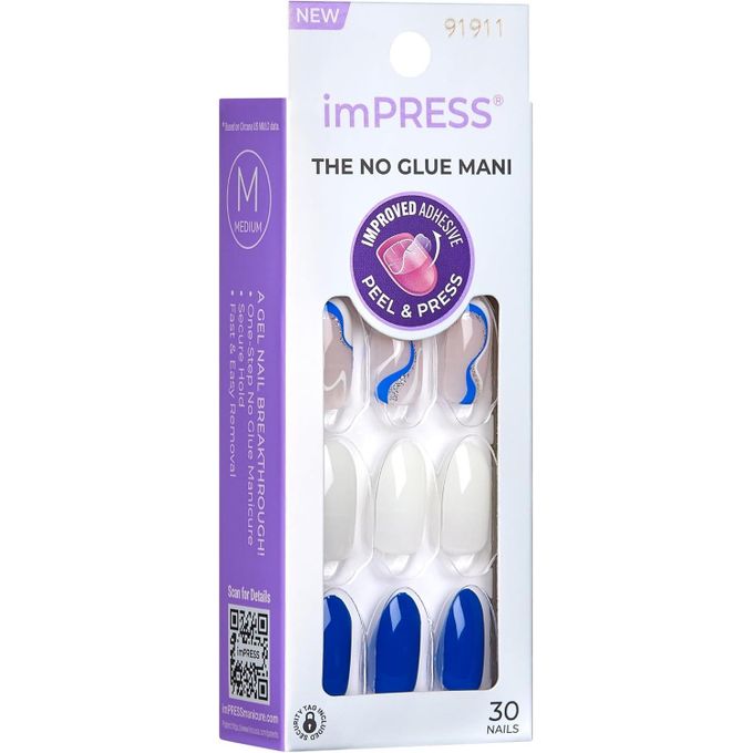 Kiss imPRESS The No Glue Mani Press-On Nails – Blue & White Nail Art (30 Nails) FREE SOUL IMM46C