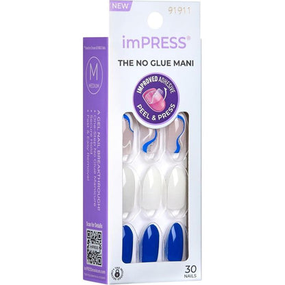 Kiss imPRESS The No Glue Mani Press-On Nails – Blue & White Nail Art (30 Nails) FREE SOUL IMM46C
